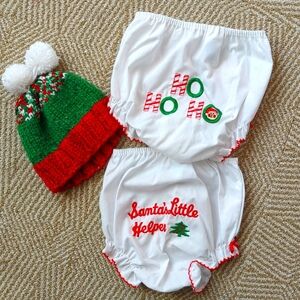 Vintage Handmade Christmas Embroidered Diaper Covers Hat Baby Photo Outfit 3-6 M